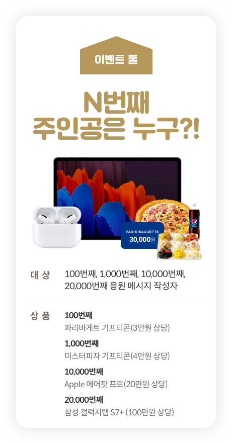 이벤트 둘 N번째 주인공은 누구?! 1번째, 10번째, 100번째, 1,000번째,10,000번째 응원 메시지 작성자 커피교환권,무선이어폰,클럭 미니 마사지기세트,미정